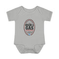 Heather baby bodysuit with an oval "Grade A Gas" inspection-seal print, front view