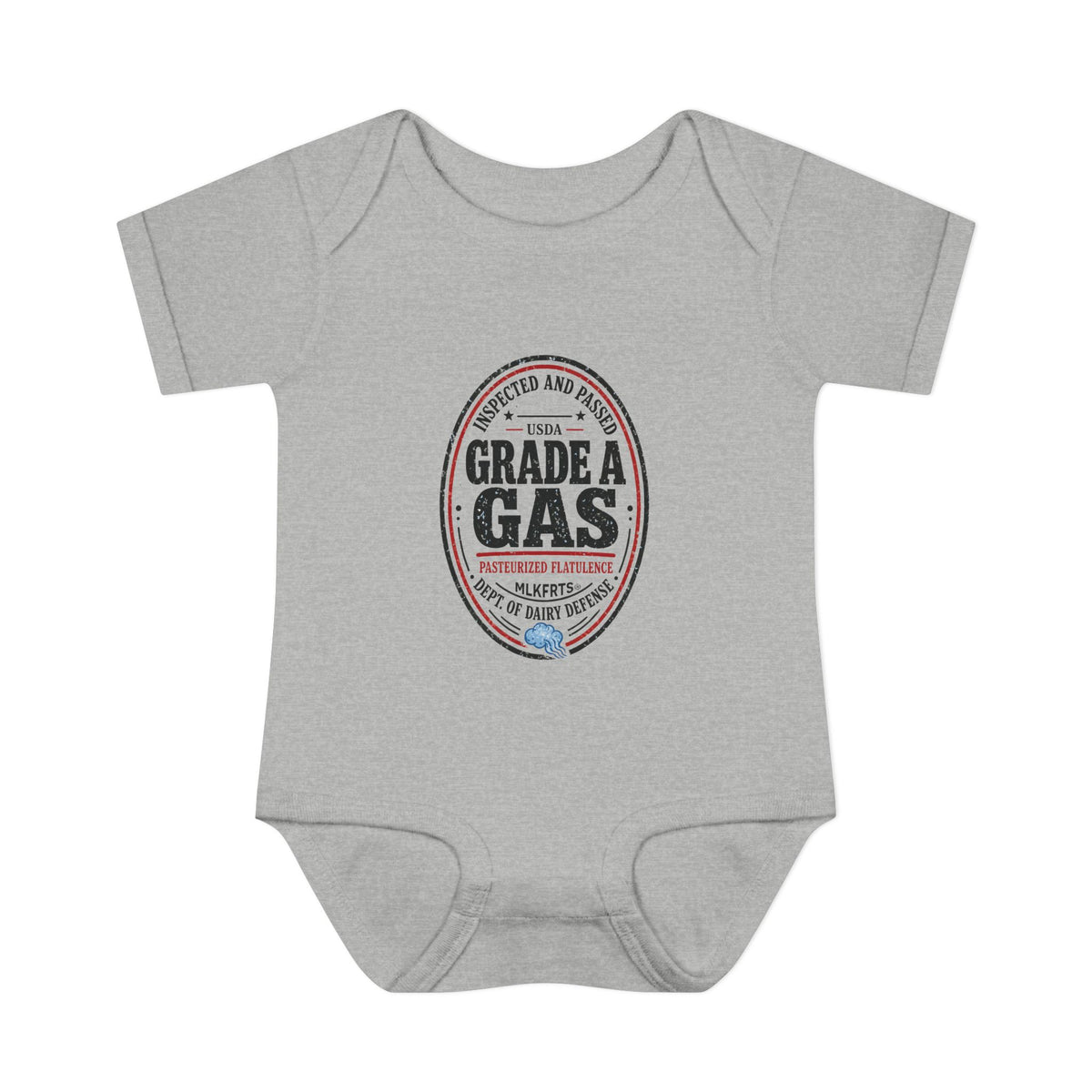Heather baby bodysuit with an oval "Grade A Gas" inspection-seal print, front view