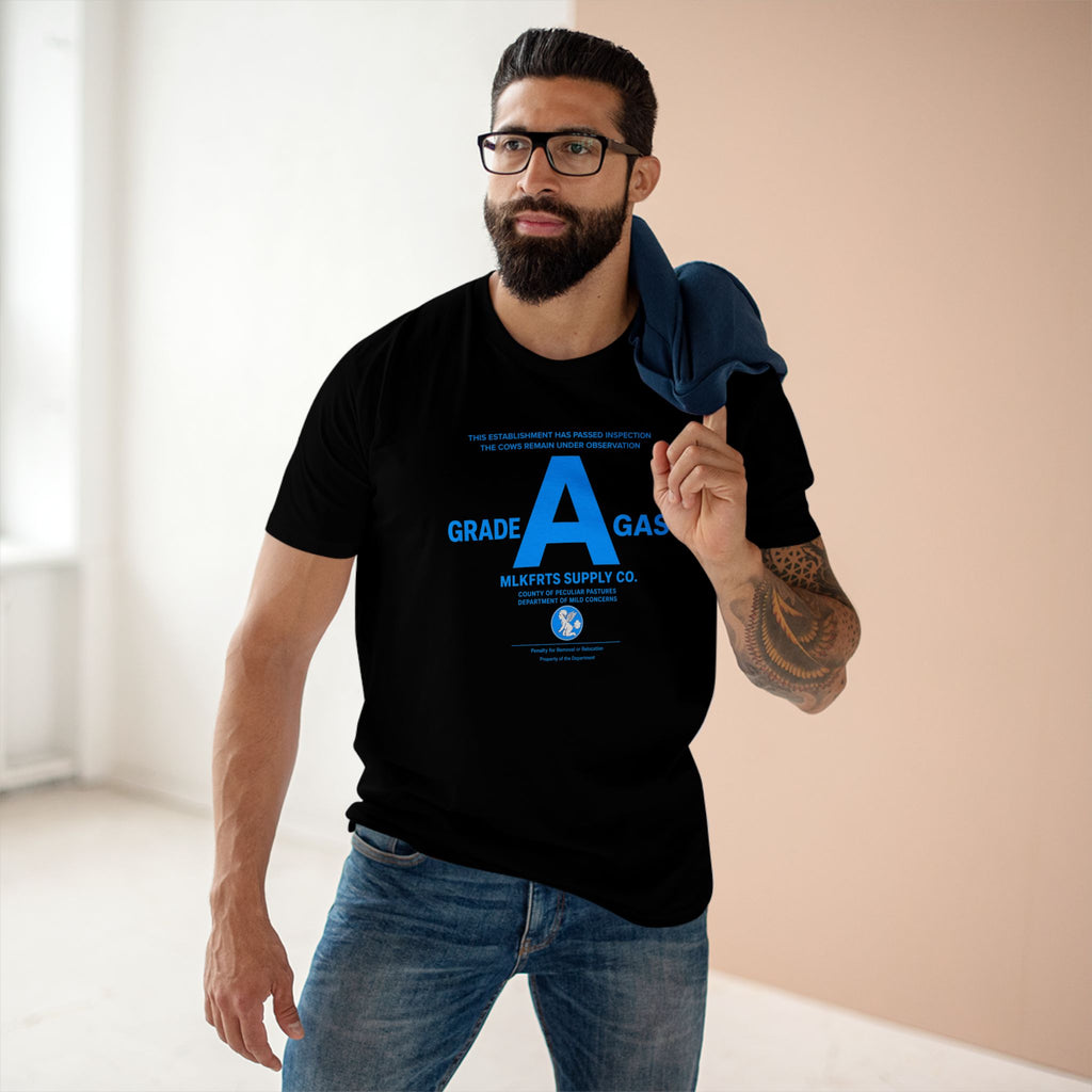 Model wearing the MLKFRTS Grade A Fully Compliant tee in Black, front view with the bright 2% blue Grade A compliance notice