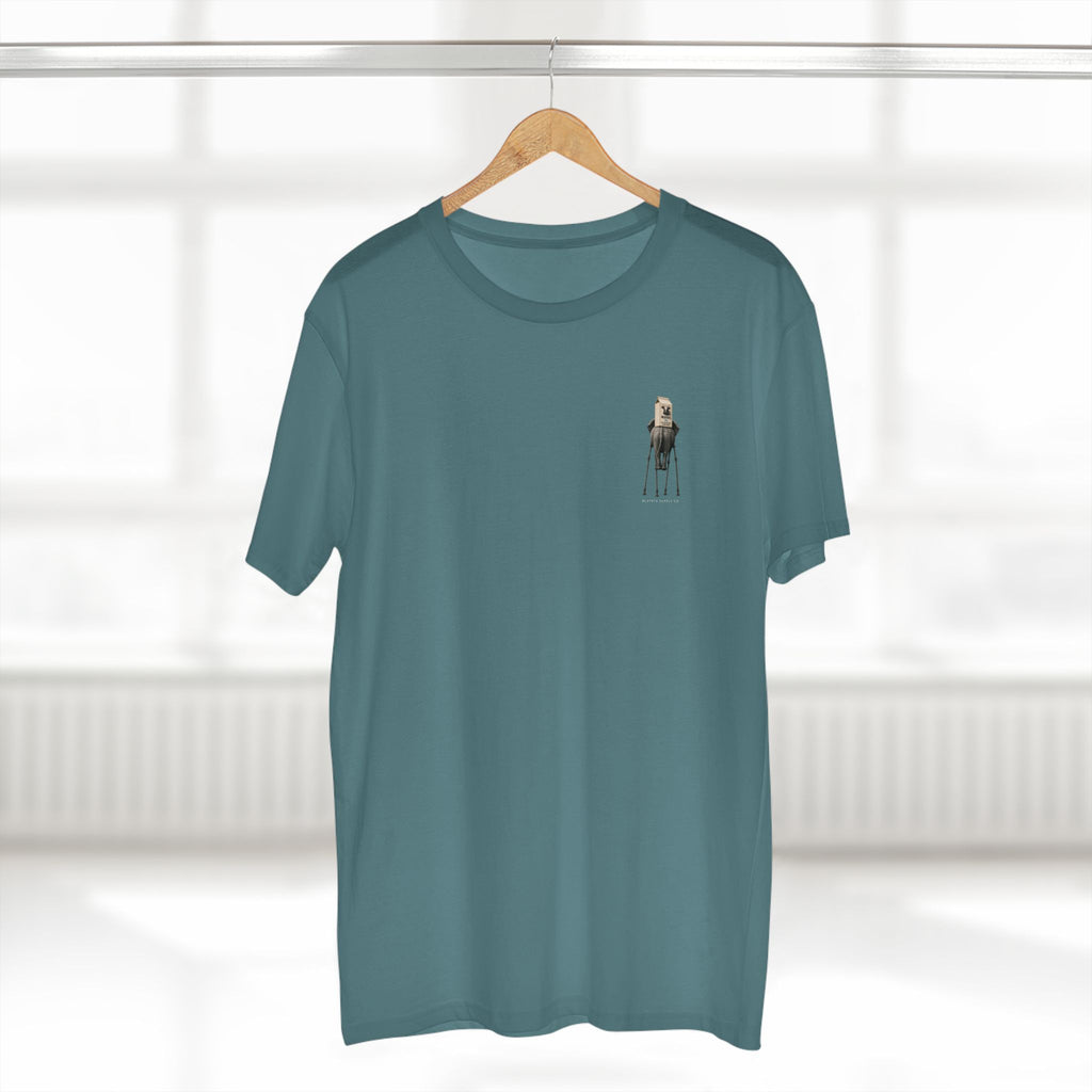 Stay Upwind Tee in slate blue on a hanger, front: small left-chest elephant