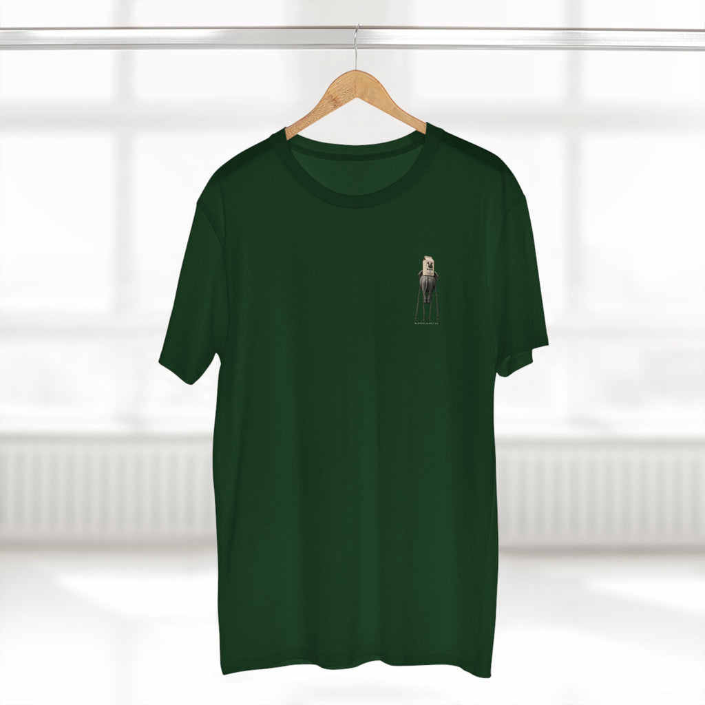 Stay Upwind Tee in forest green on a hanger, front: small left-chest elephant