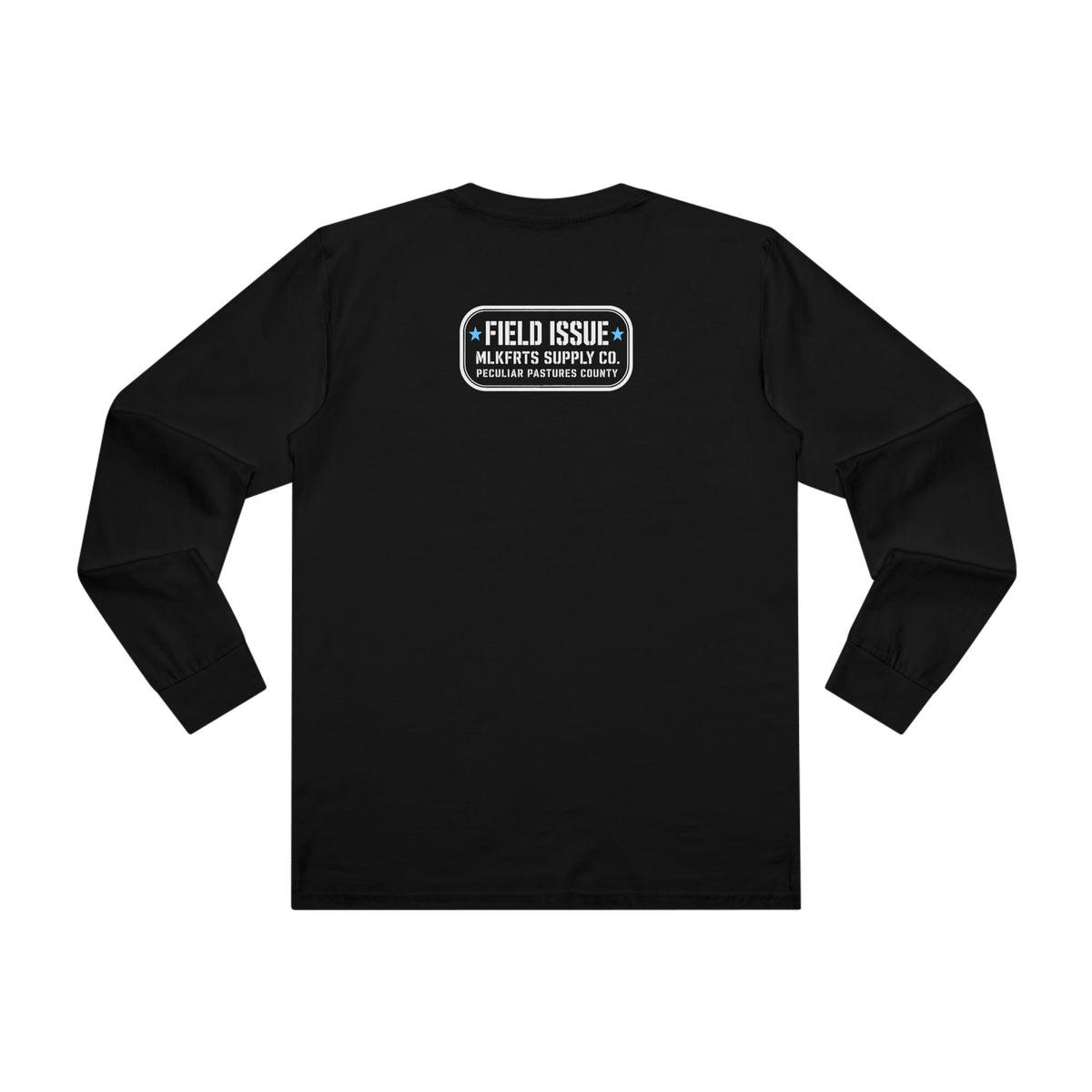 MLKFRTS Volatile Lactose Long Sleeve Tee in black, back view showing the Field Issue stamp on the upper back