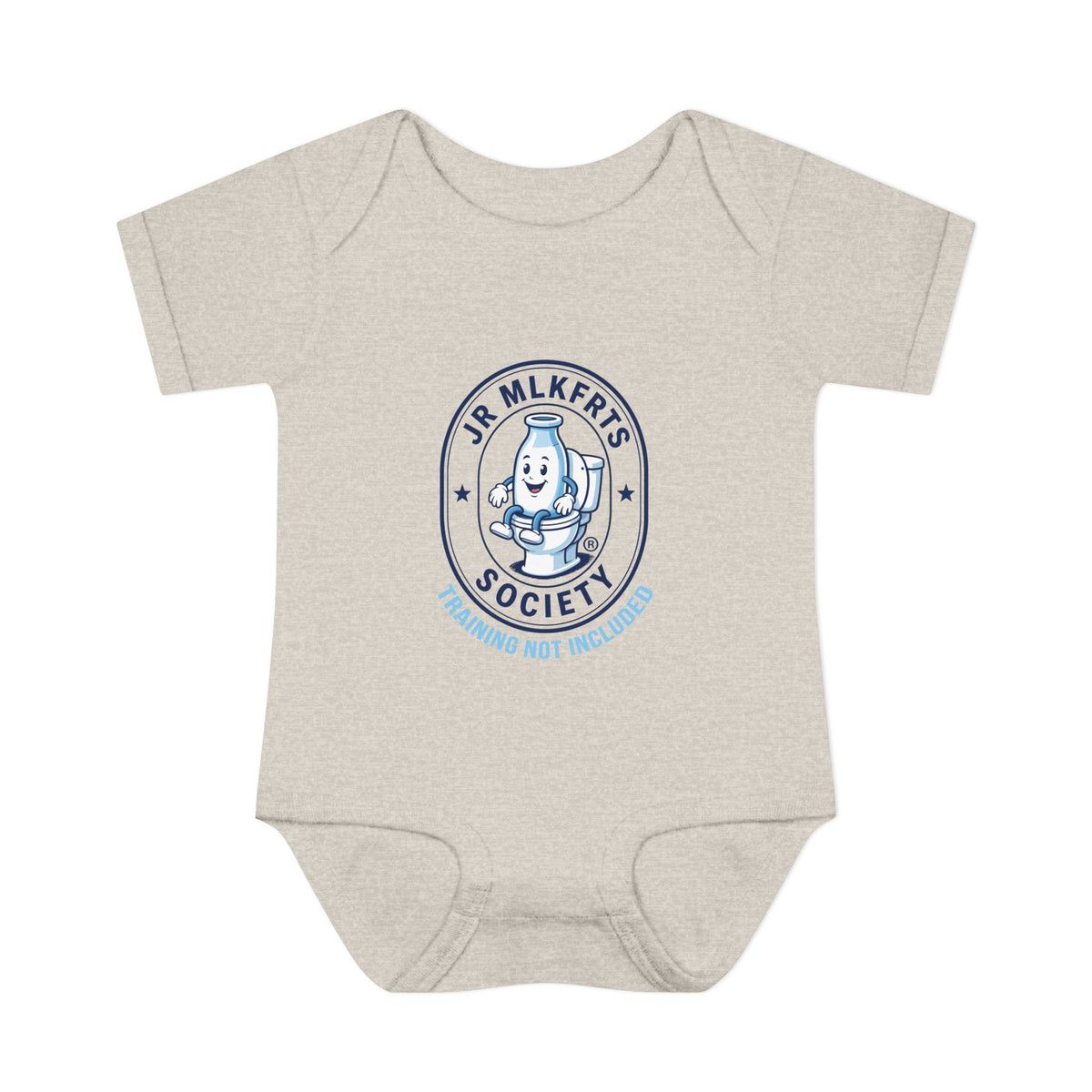 Natural Heather baby bodysuit with a round Jr. MLKFRTS Society badge print with a cartoon milk bottle, front view