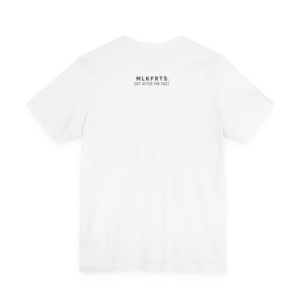 White t-shirt, back view with small MLKFRTS letterhead text