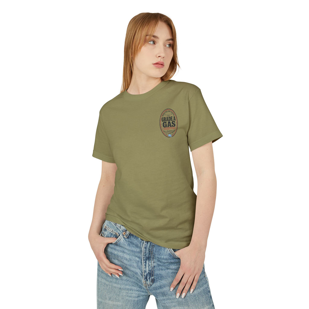 Model wearing the Faded Army garment-dyed t-shirt with a small oval "Grade A Gas" seal on the left chest, front view