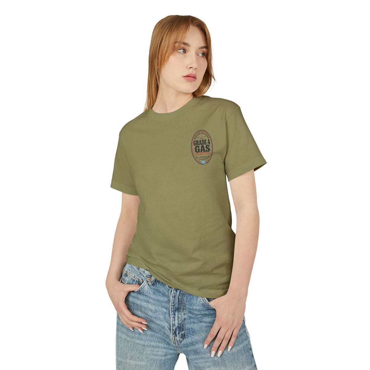 Model wearing the Faded Army garment-dyed t-shirt with a small oval "Grade A Gas" seal on the left chest, front view
