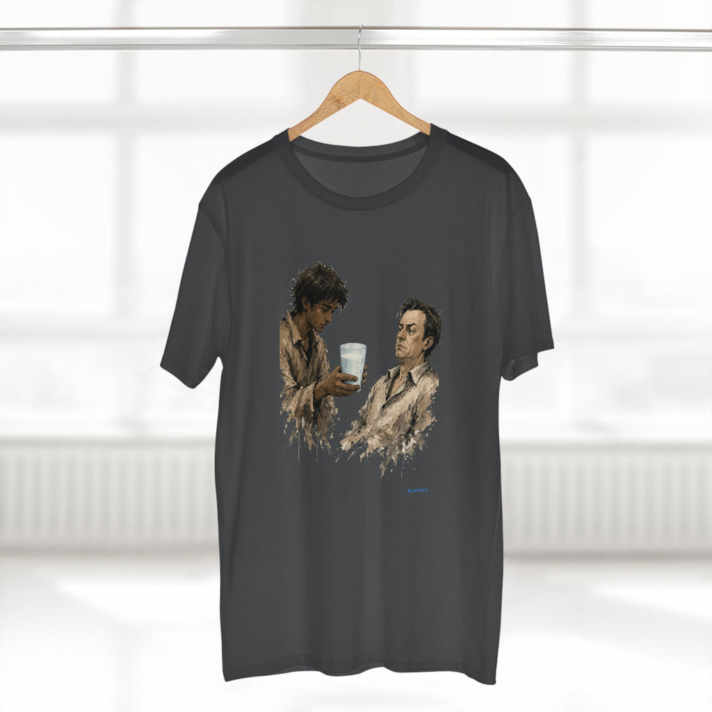 The Refusal Tee in Charcoal on a hanger, close-up of the painterly front art