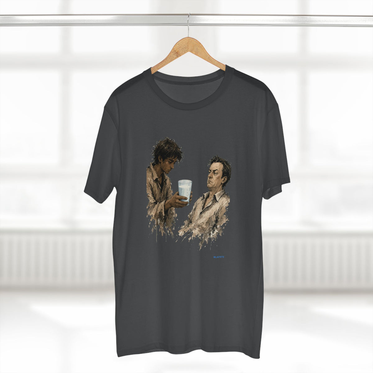 The Refusal Tee in Charcoal on a hanger, close-up of the painterly front art