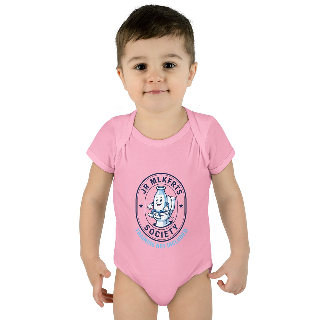 Baby wearing the Pink baby bodysuit with a round Jr. MLKFRTS Society badge print with a cartoon milk bottle