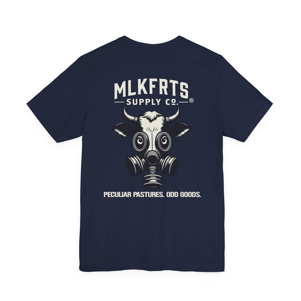 Navy t-shirt, back view with a large MLKFRTS Supply Co. gas-mask cow graphic