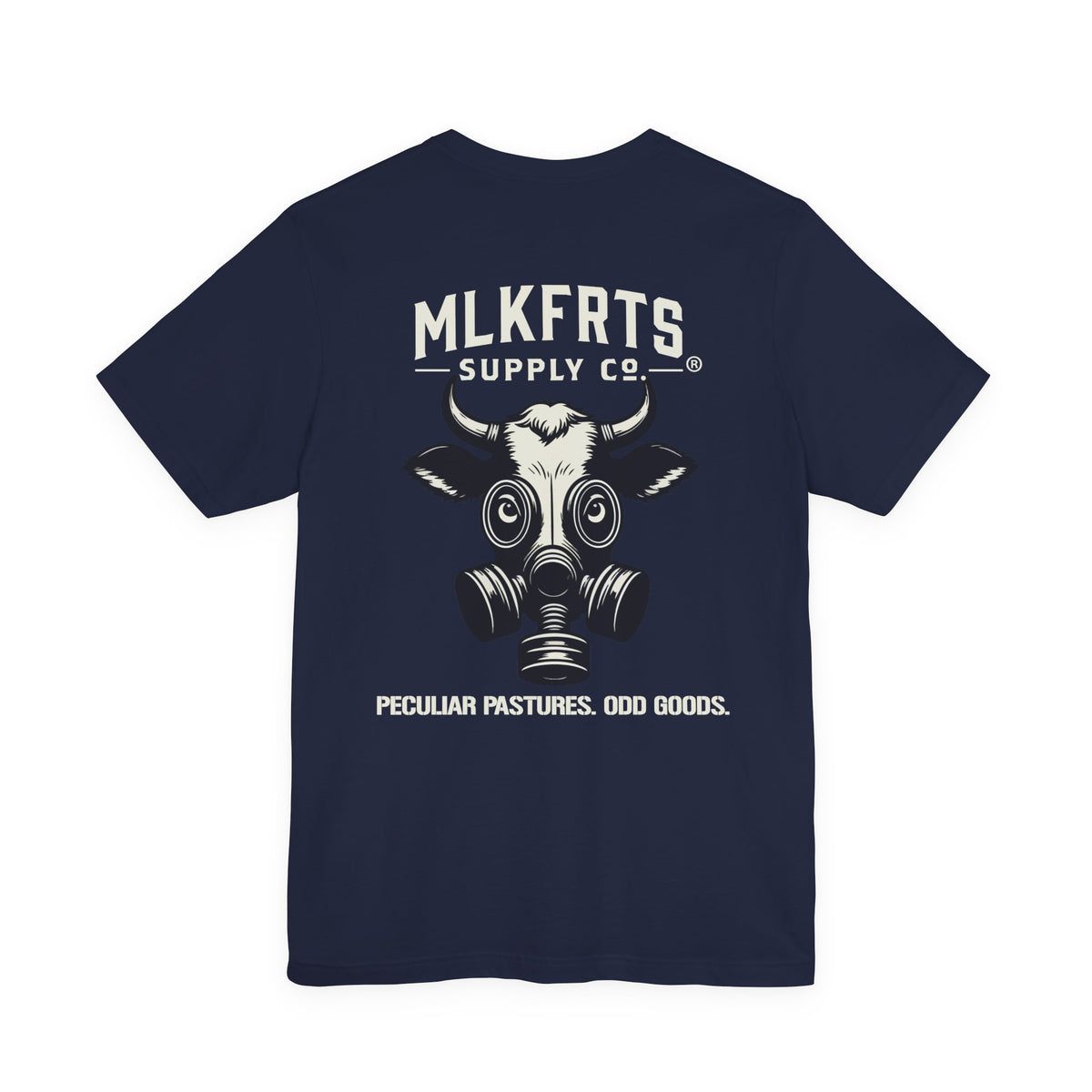 Navy t-shirt, back view with a large MLKFRTS Supply Co. gas-mask cow graphic