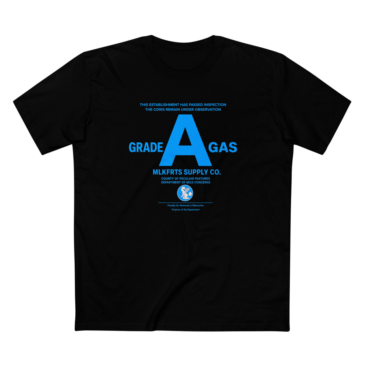 MLKFRTS Grade A Fully Compliant tee in Black, front view with the bright 2% blue Grade A compliance notice