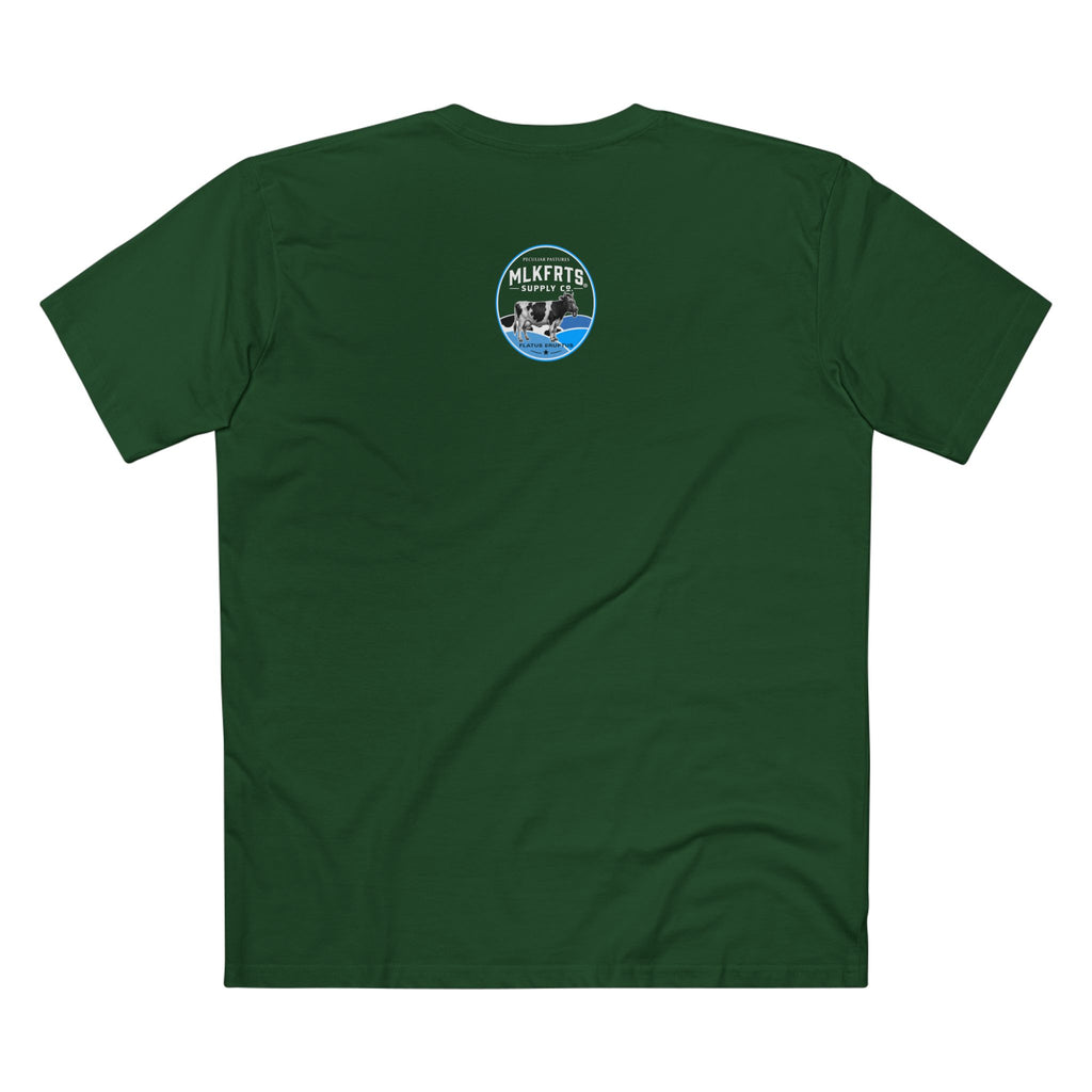 Back of the Forest green MLKFRTS Lil' Stinker Tee with the Flatus Eruptus gas-mask cow seal on the upper back