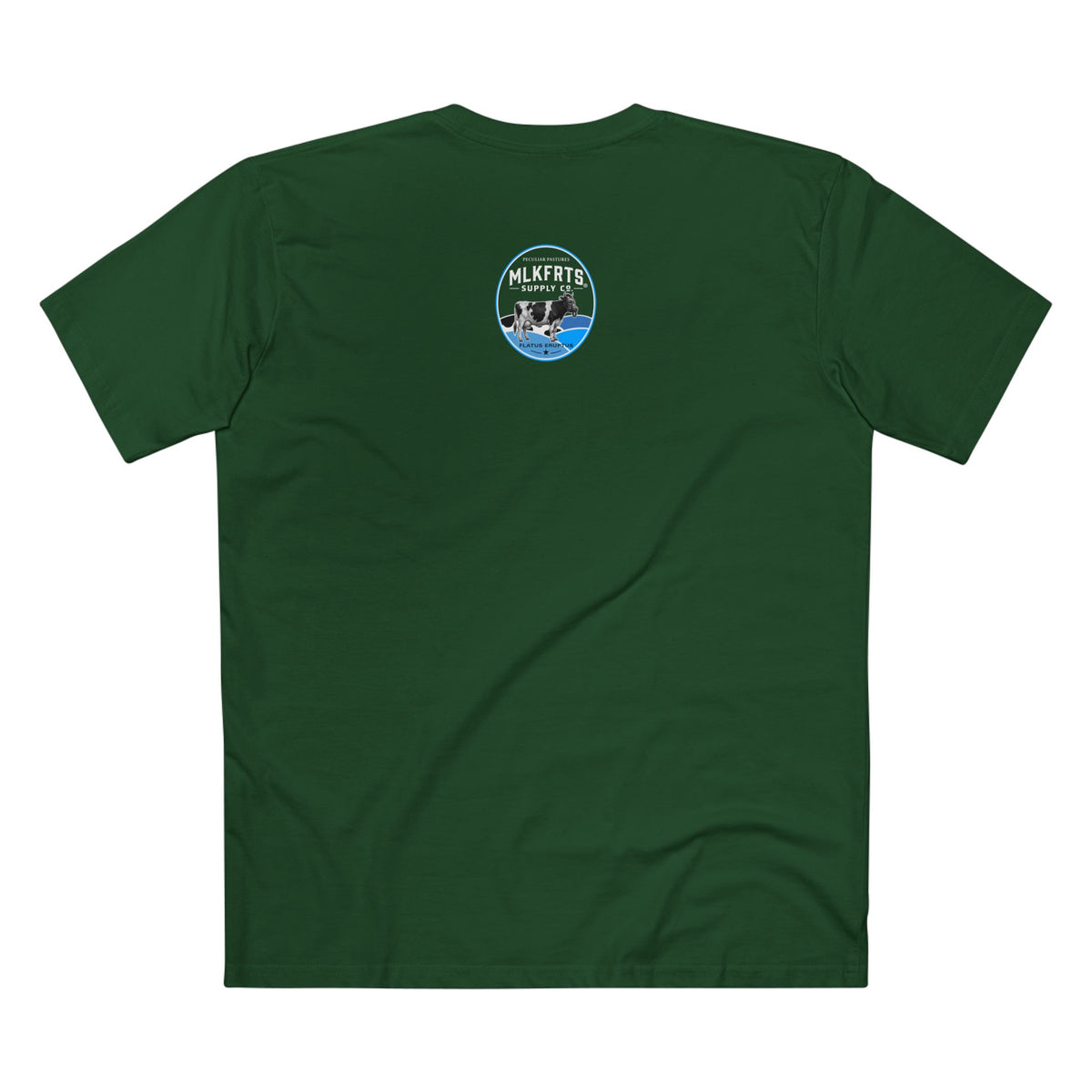 Back of the Forest green MLKFRTS Lil' Stinker Tee with the Flatus Eruptus gas-mask cow seal on the upper back