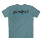 MLKFRTS California Barking Spiders Tee in slate blue, back: got mlkfrts? in bold script with blame the california barking spiders