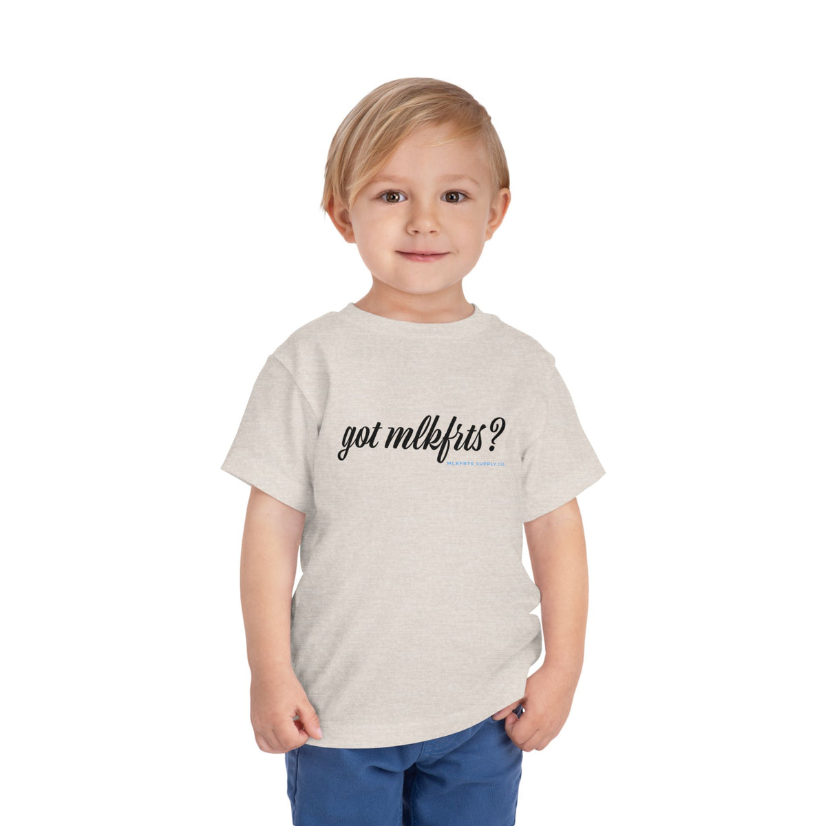 Toddler wearing the got mlkfrts? Toddler Tee in Heather Dust, got mlkfrts? script on the front