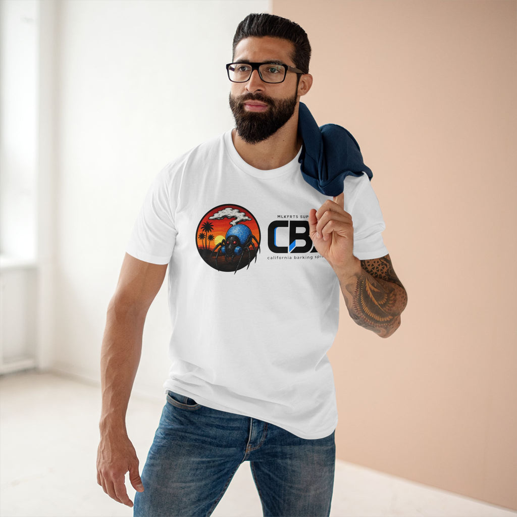 Man wearing the MLKFRTS California Barking Spiders Tee in white, front: CBS lockup with the gas-masked spider