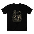 The Hills Have Cams Tee in black, front: etched surveillance poles over Holstein hills with a lone cow and a gas mask in the grass, THE HERD.