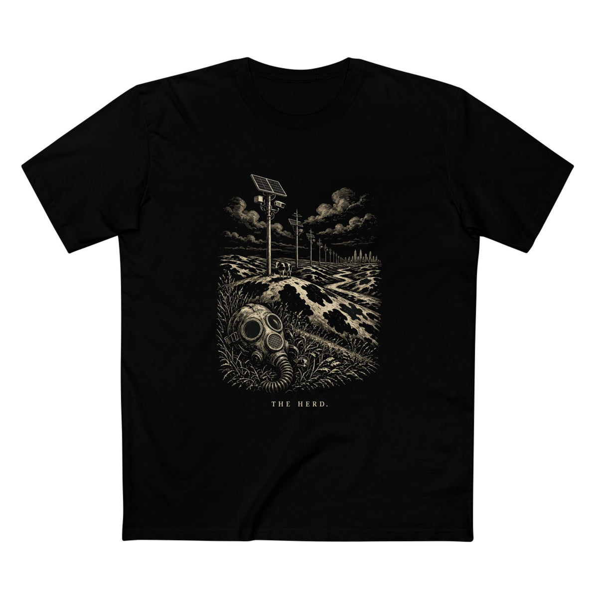 The Hills Have Cams Tee in black, front: etched surveillance poles over Holstein hills with a lone cow and a gas mask in the grass, THE HERD.