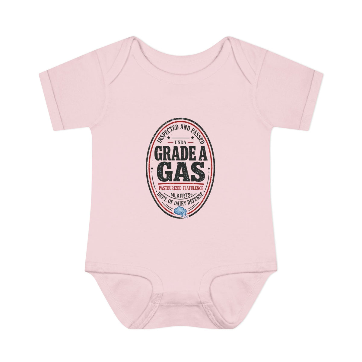Ballerina baby bodysuit with an oval "Grade A Gas" inspection-seal print, front view