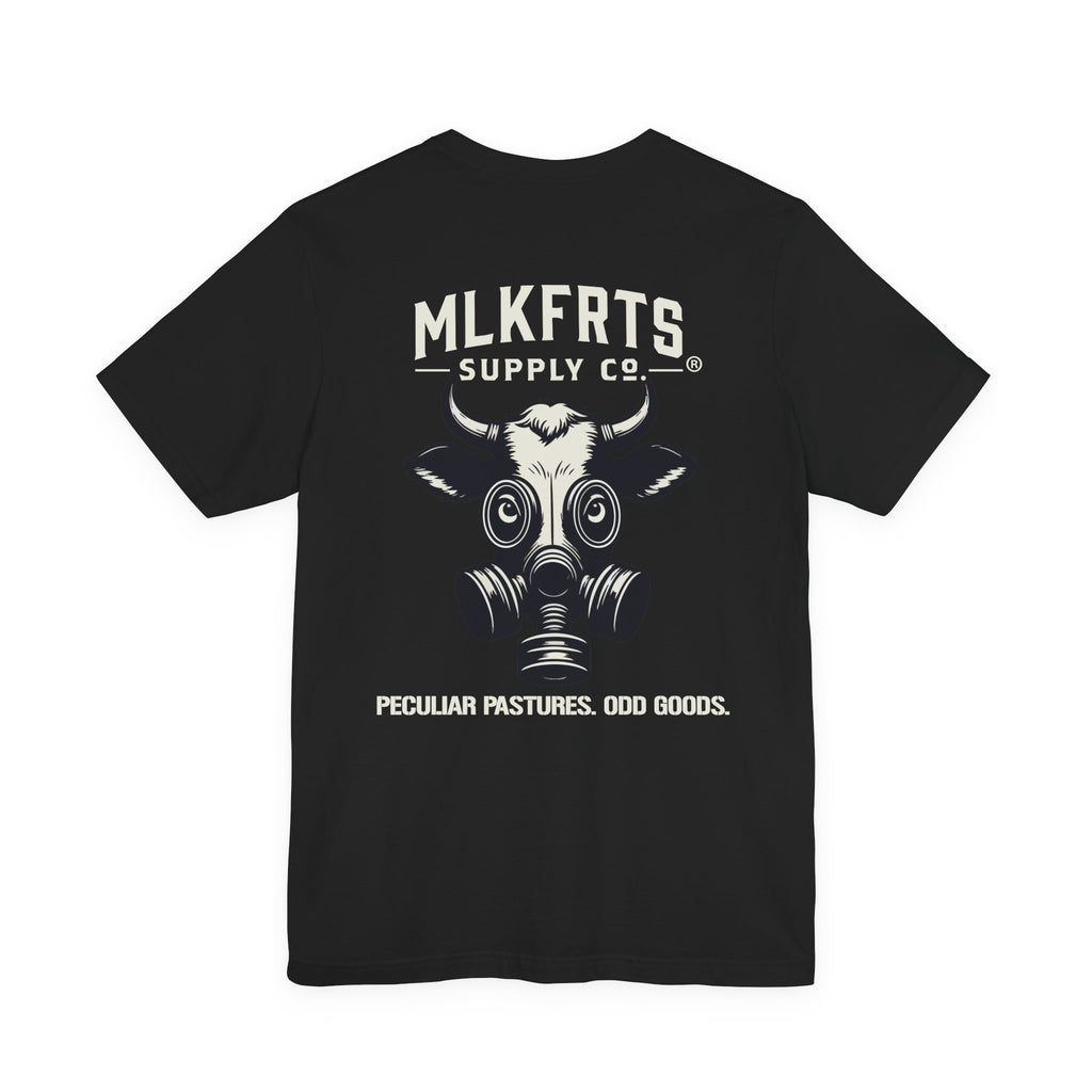 Black t-shirt, back view with a large MLKFRTS Supply Co. gas-mask cow graphic