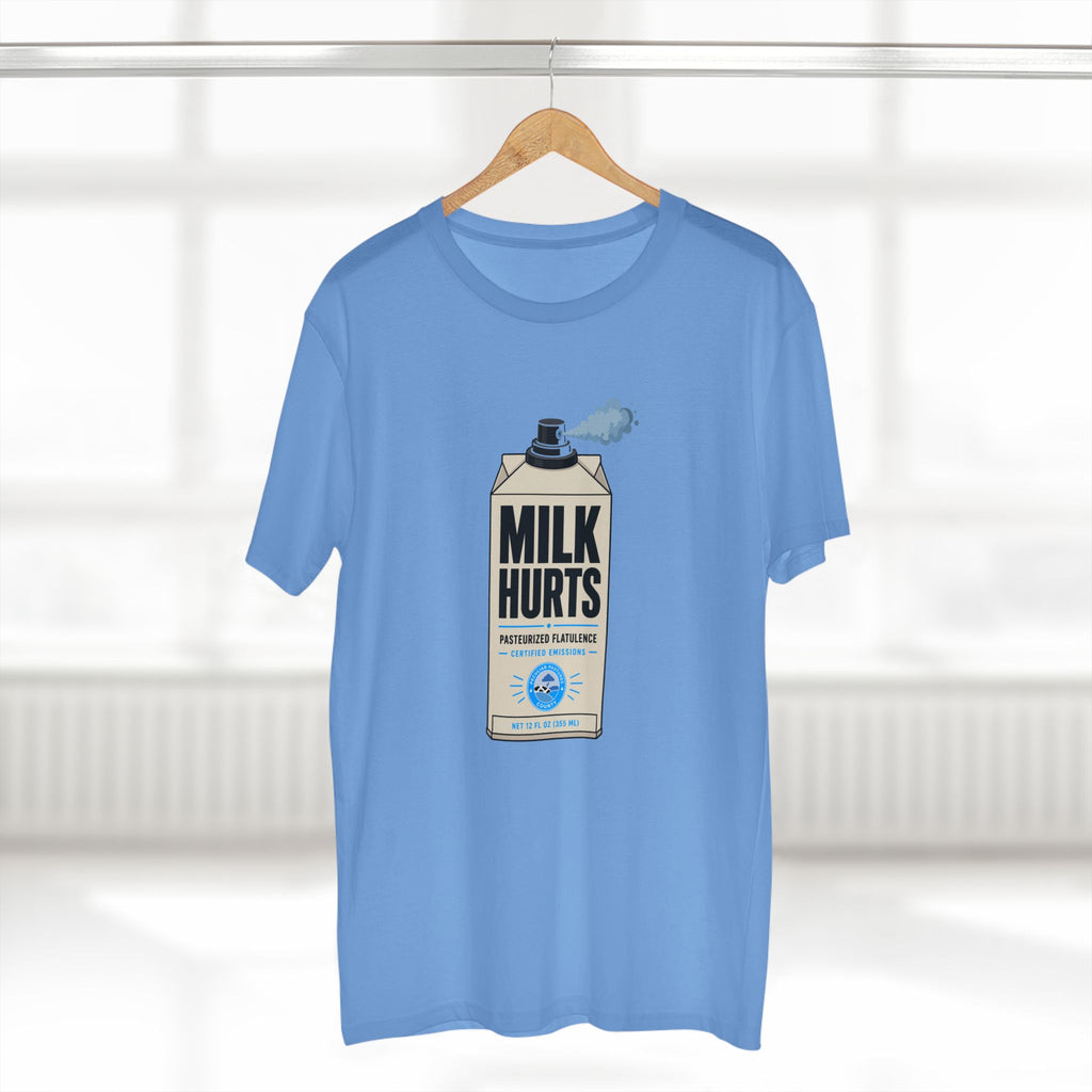 MLKFRTS Milk Hurts Mace Tee in Carolina blue on a hanger, front view showing the Milk Hurts milk carton graphic