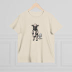 Ecru women's tee with the Calf of Concern on the front, on a hanger