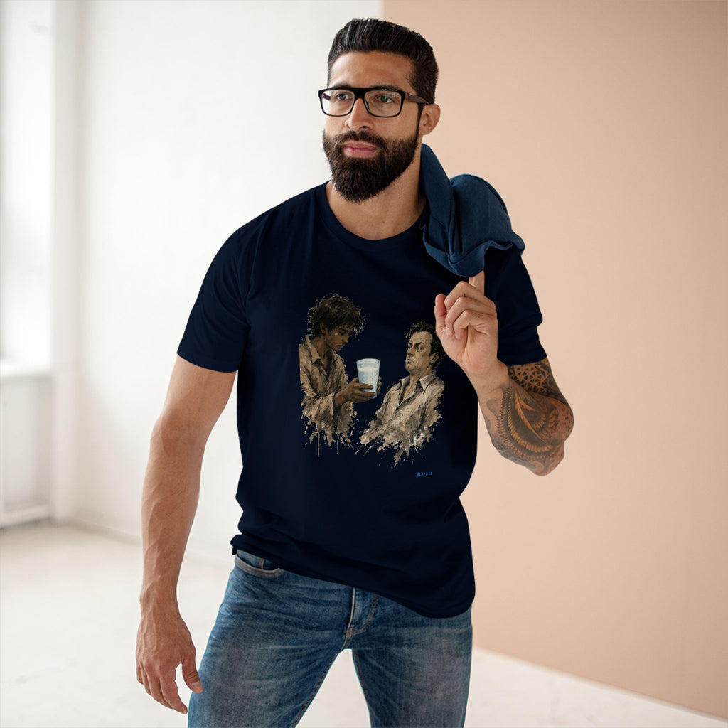 Model wearing the The Refusal Tee in Navy, painterly milk-offering art across the front