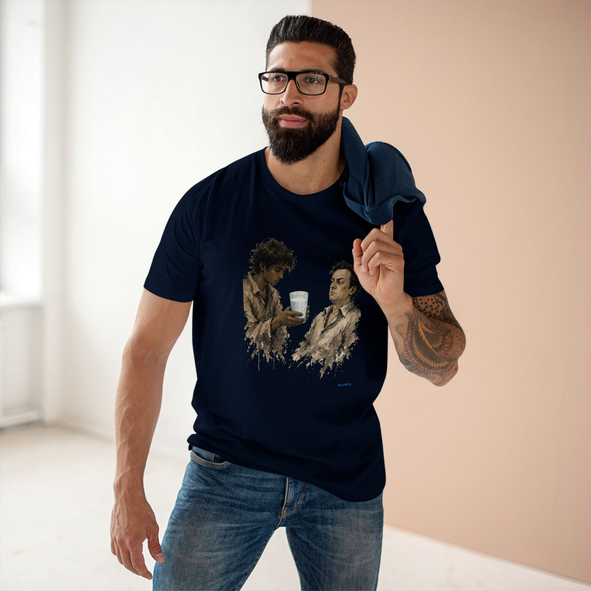 Model wearing the The Refusal Tee in Navy, painterly milk-offering art across the front