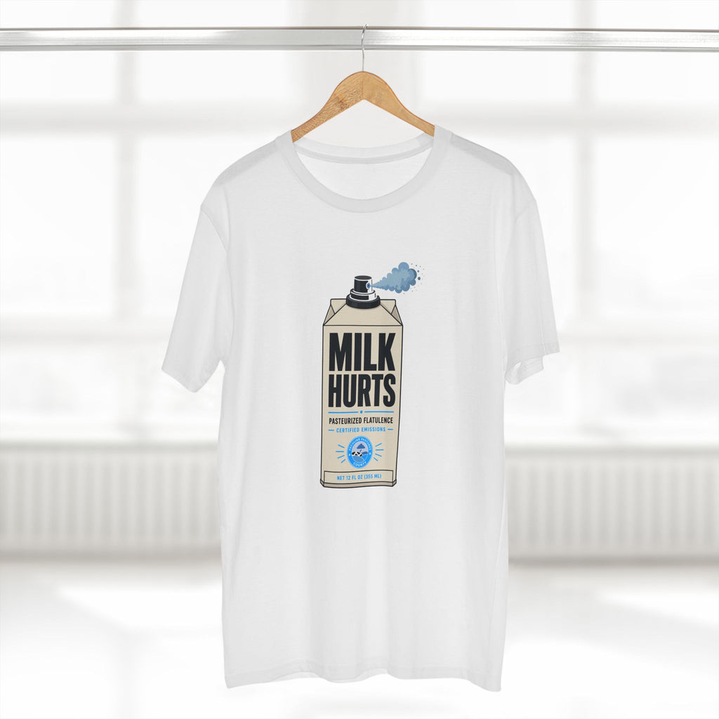 MLKFRTS Milk Hurts Mace Tee in white on a hanger, front view showing the Milk Hurts milk carton graphic