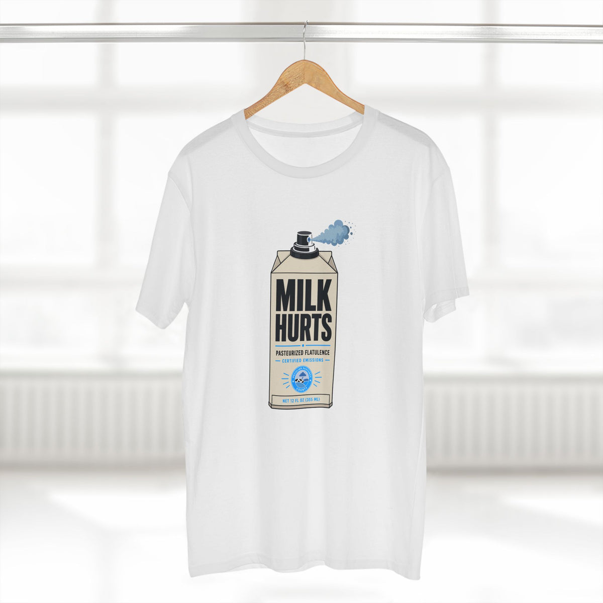 MLKFRTS Milk Hurts Mace Tee in white on a hanger, front view showing the Milk Hurts milk carton graphic