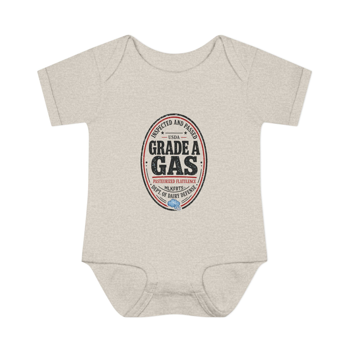 Natural Heather baby bodysuit with an oval "Grade A Gas" inspection-seal print, front view