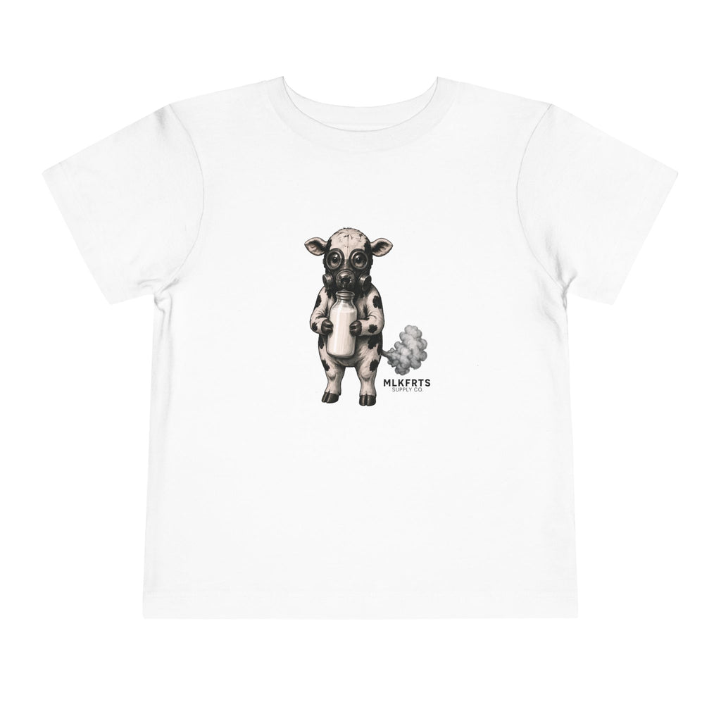 Calf of Concern Toddler Tee in White, front with the Calf of Concern on the chest: a gas-masked spotted calf holding a milk bottle beside a small cloud