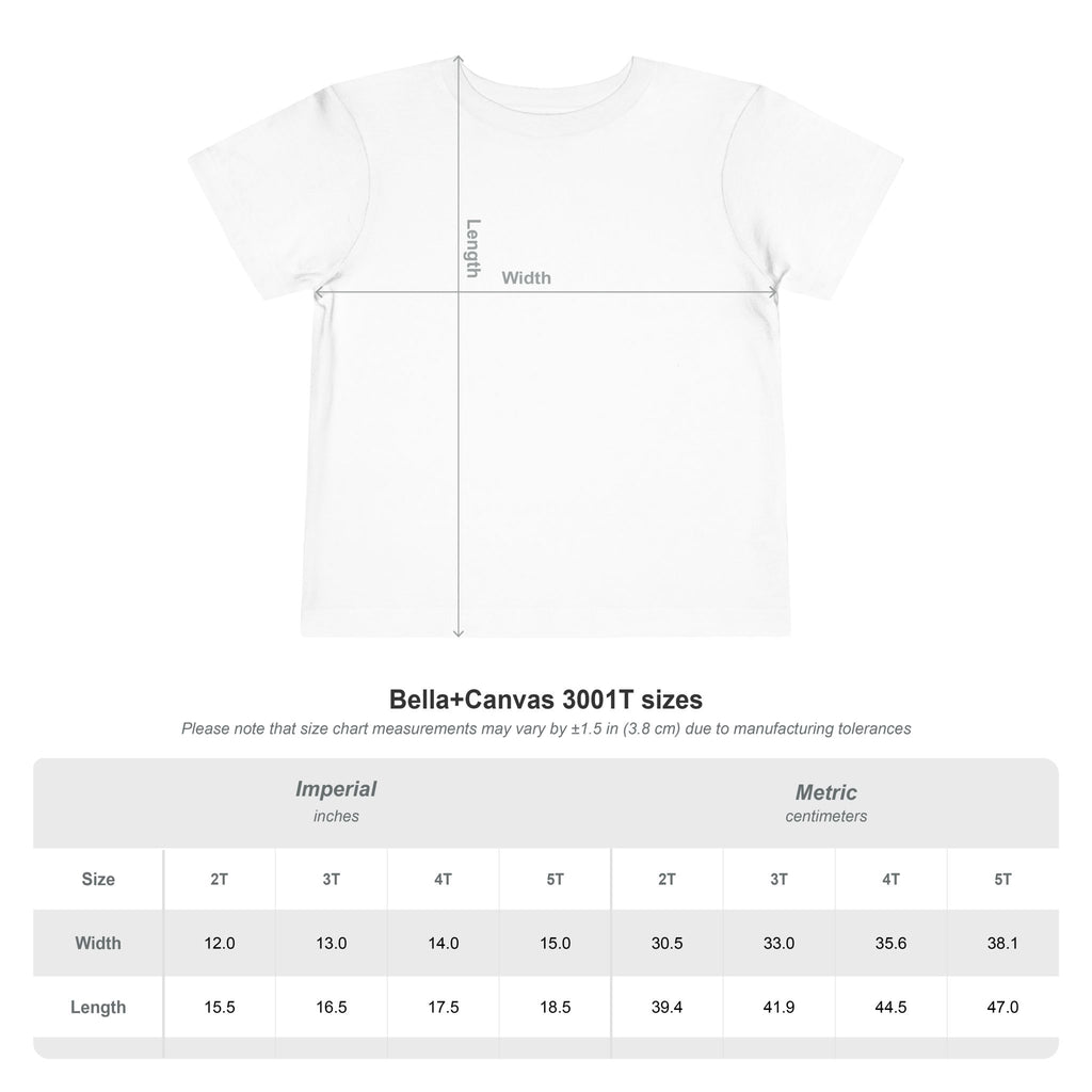 Bella+Canvas 3001T toddler tee size chart with width and length measurements