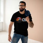 Man wearing the MLKFRTS California Barking Spiders Tee in black, front: CBS lockup with the gas-masked spider
