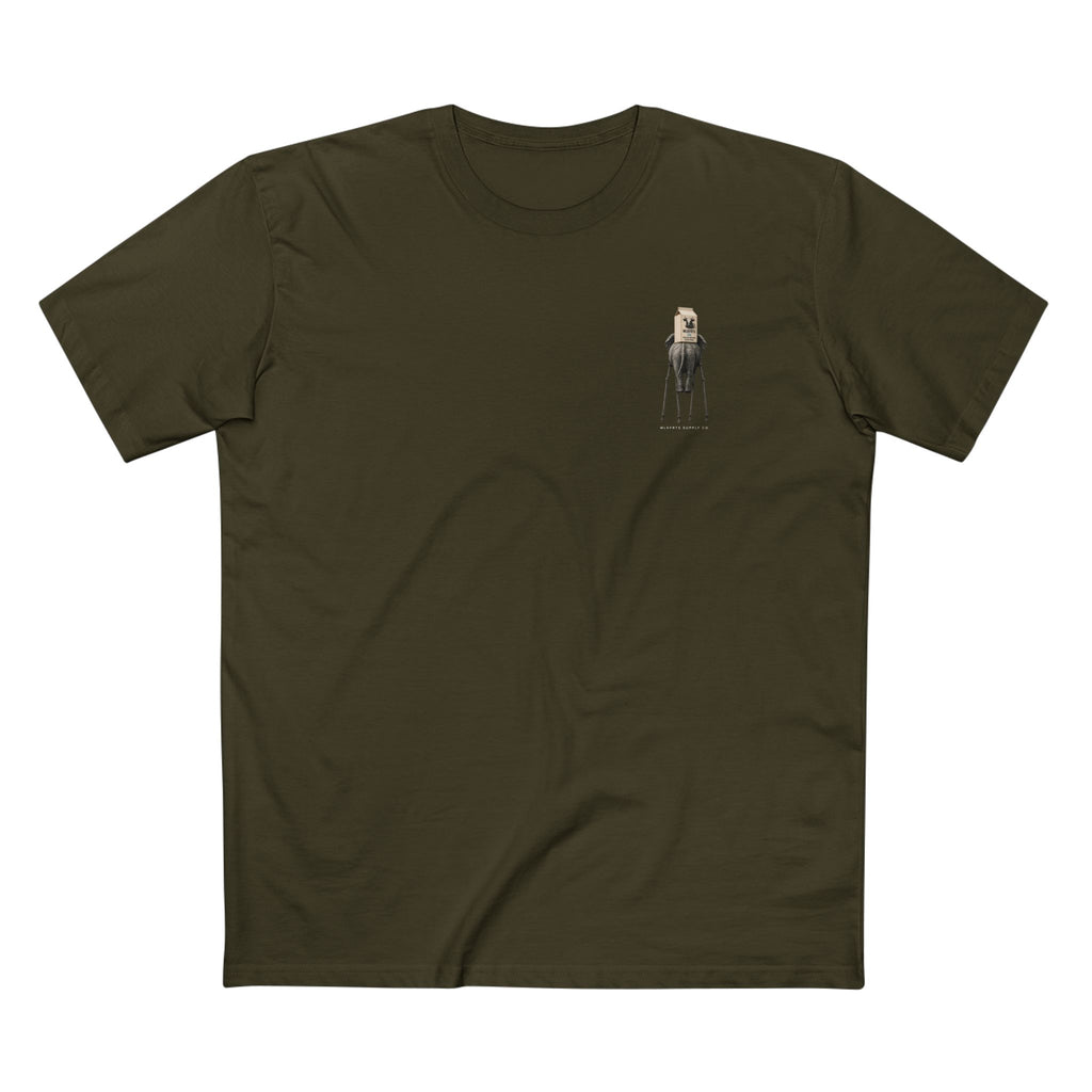 Stay Upwind Tee in army, front: small left-chest elephant on stilt legs carrying a milk carton