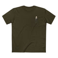 Stay Upwind Tee in army, front: small left-chest elephant on stilt legs carrying a milk carton