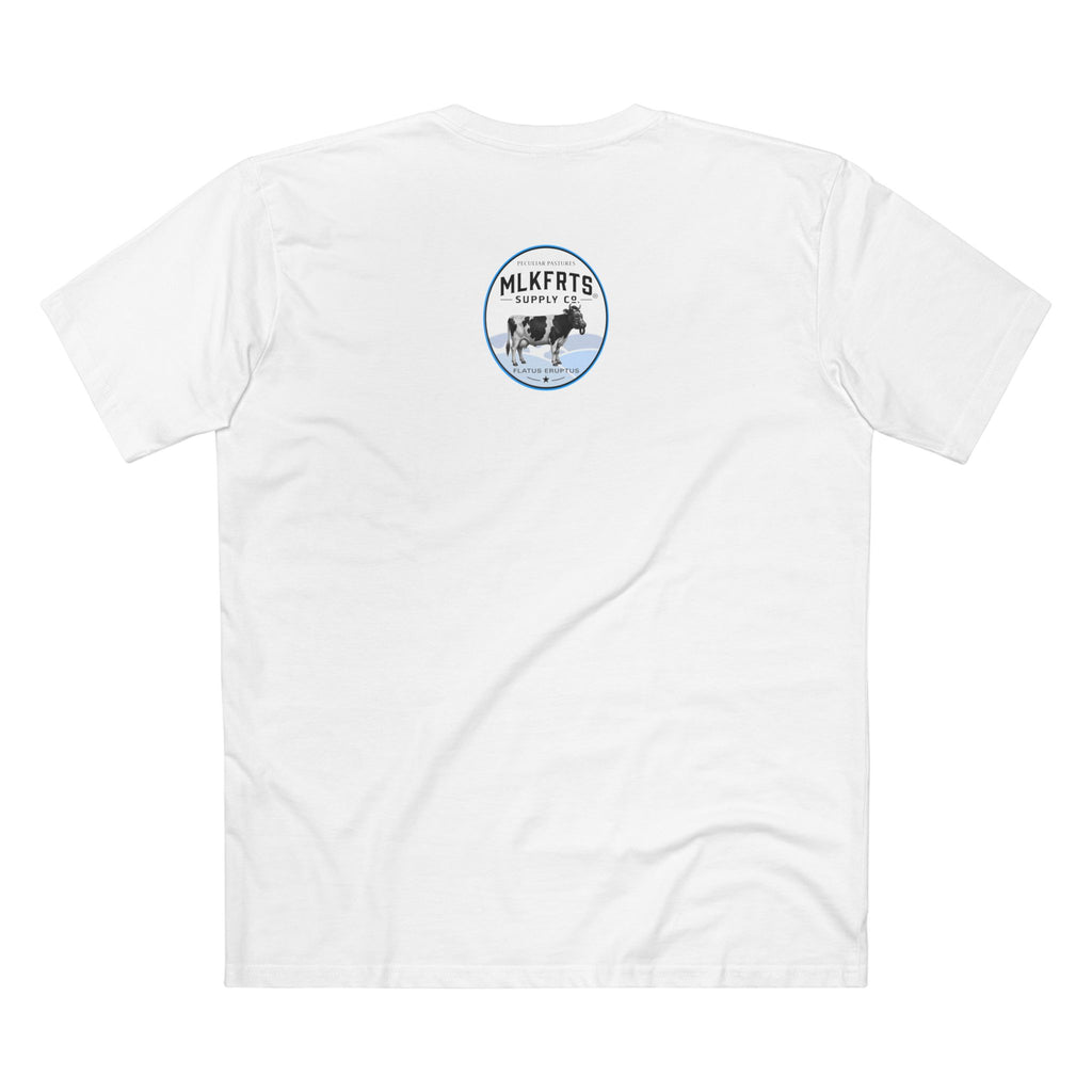 MLKFRTS Milk Hurts Mace Tee in white, back view showing the Flatus Eruptus seal on the upper back