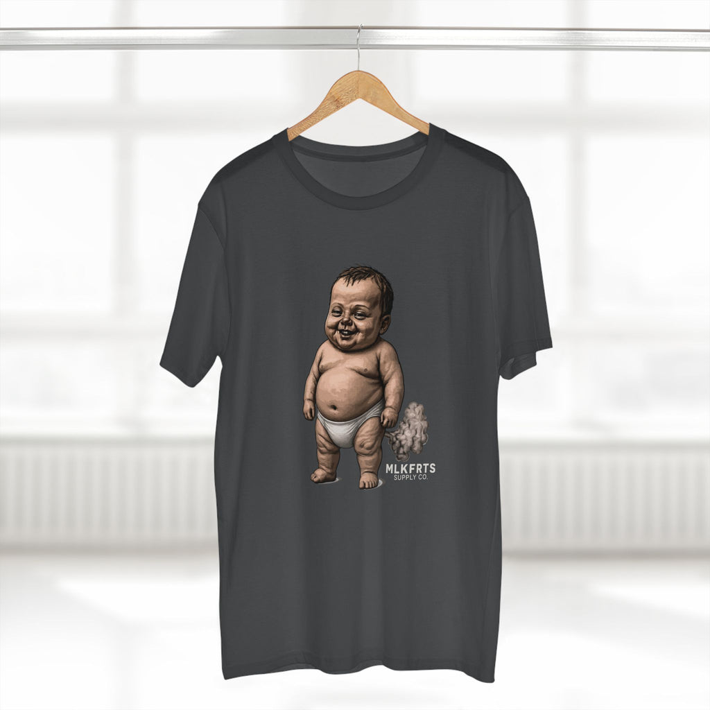 Charcoal MLKFRTS Lil' Stinker Tee on a hanger, smug diaper baby with gas cloud and milk puddles on the front