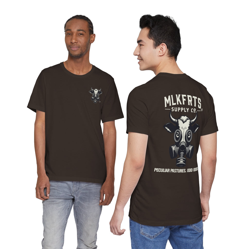 Two models wearing the Brown t-shirt, front and back views