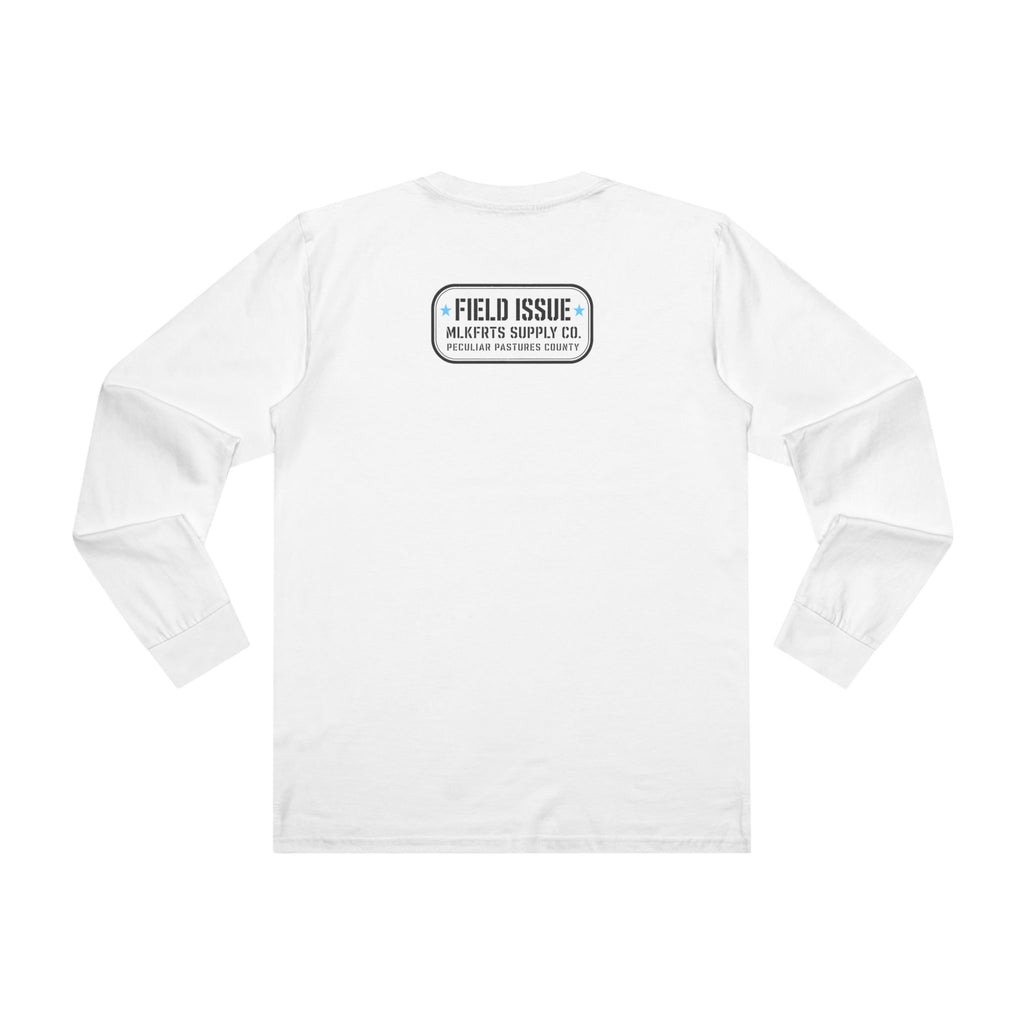 MLKFRTS Volatile Lactose Long Sleeve Tee in white, back view showing the Field Issue stamp on the upper back