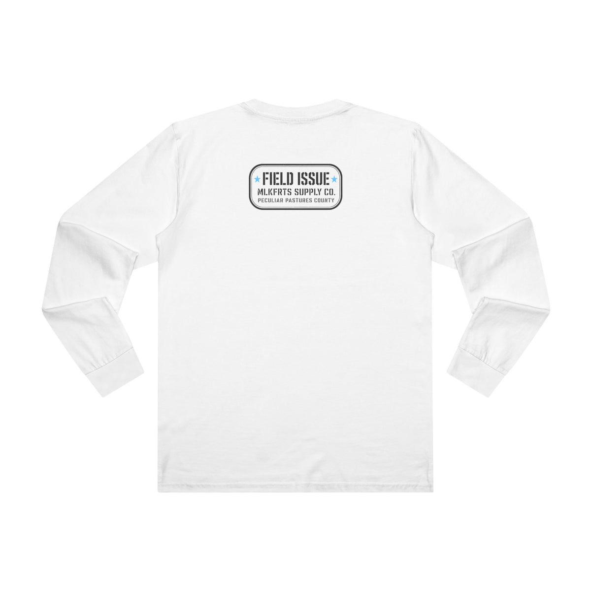 MLKFRTS Volatile Lactose Long Sleeve Tee in white, back view showing the Field Issue stamp on the upper back