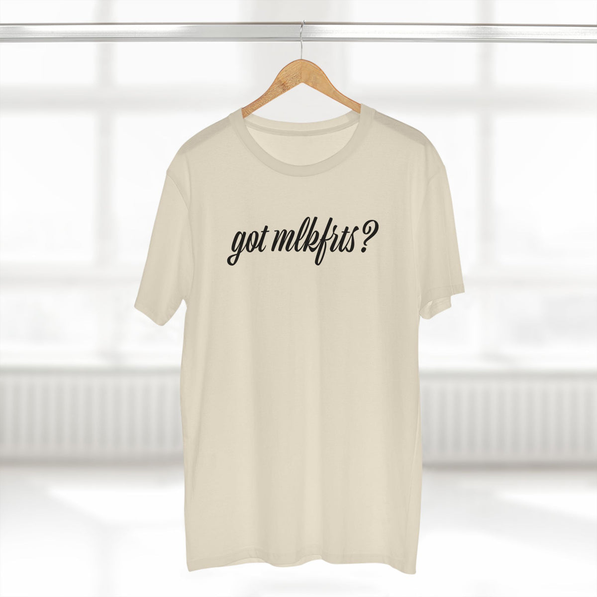 got mlkfrts? Flatus Eruptus Tee in Natural on a hanger, got mlkfrts? script on the front