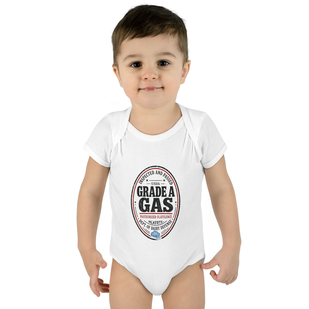 Baby wearing the White baby bodysuit with an oval "Grade A Gas" inspection-seal print