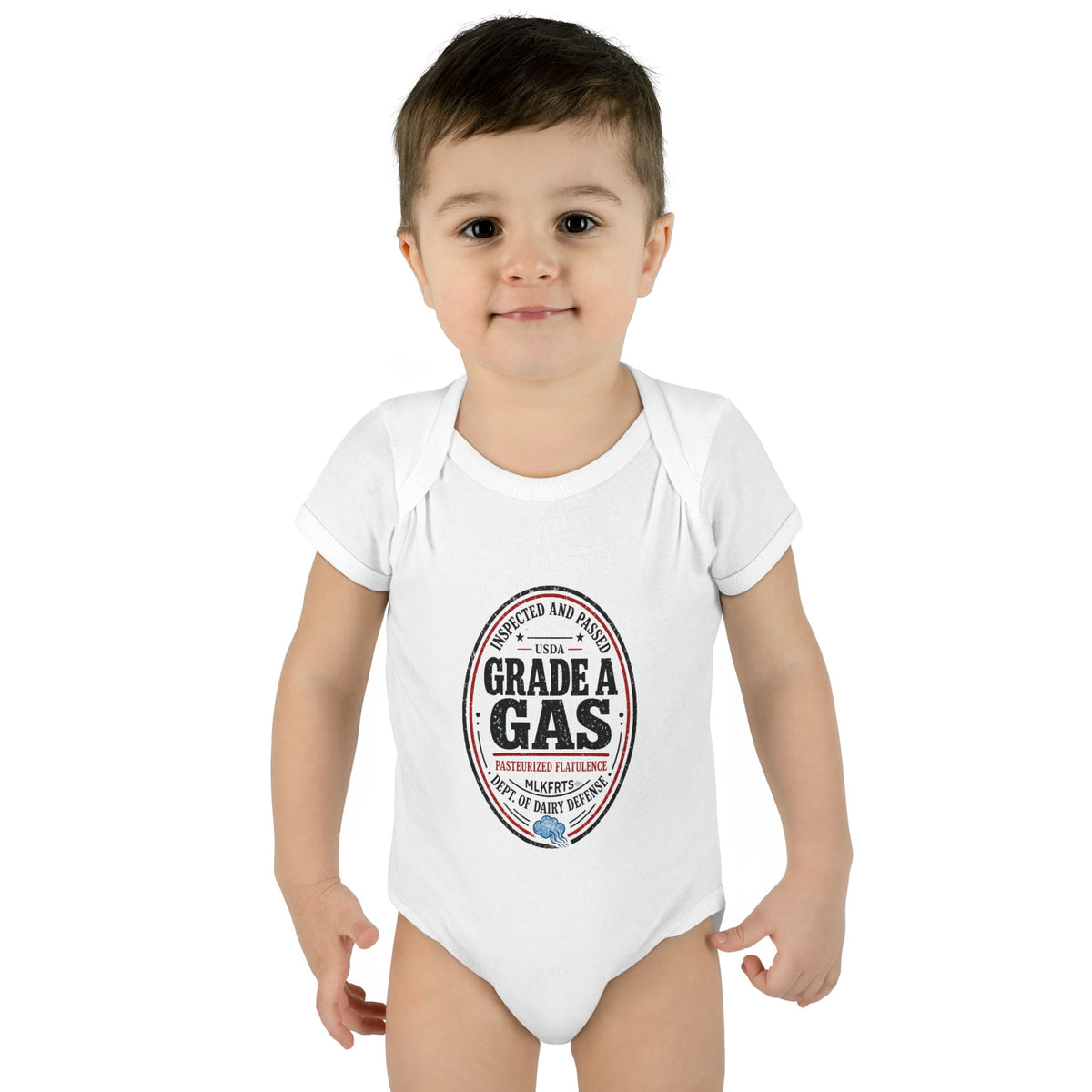Baby wearing the White baby bodysuit with an oval "Grade A Gas" inspection-seal print
