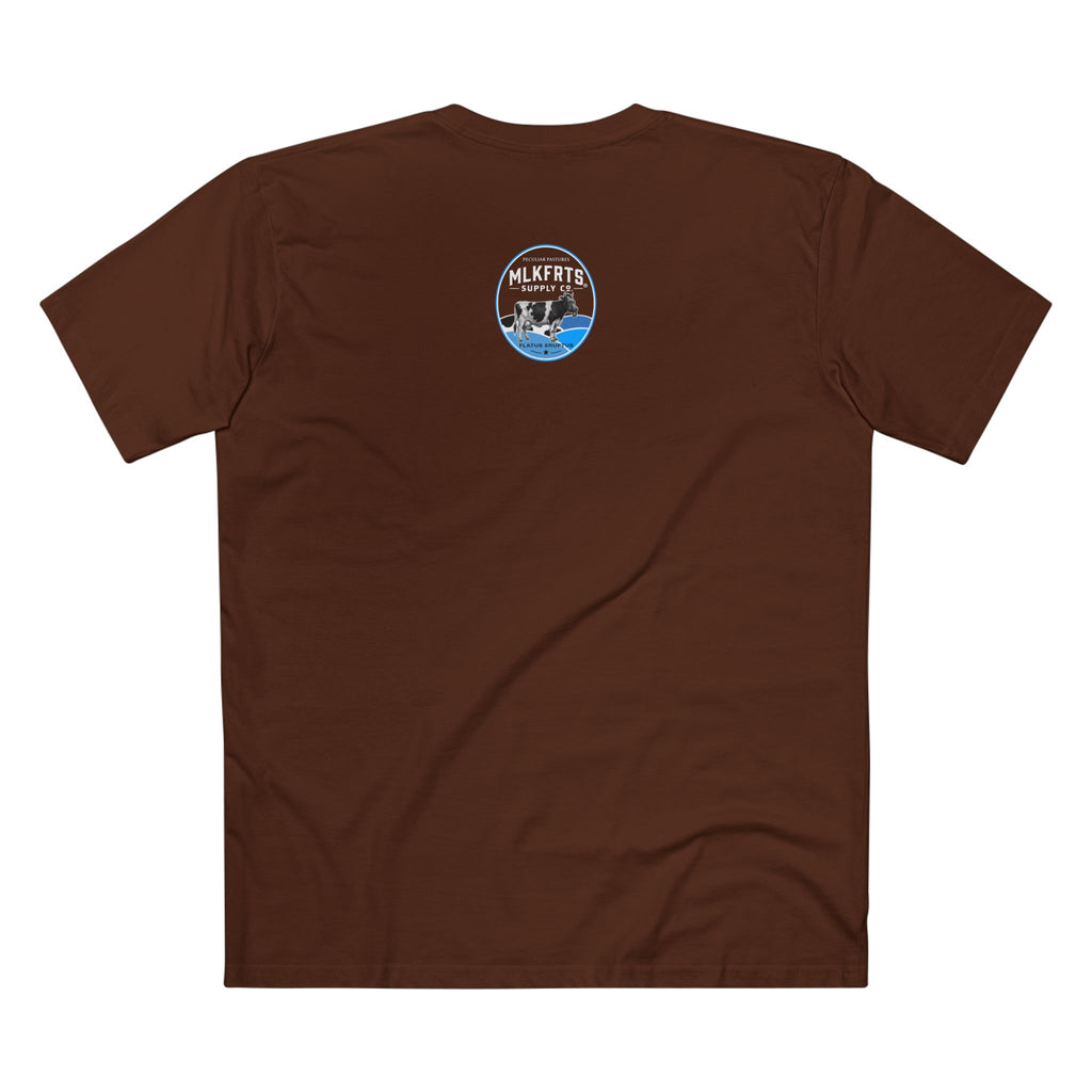 Back of the Dark chocolate MLKFRTS Lil' Stinker Tee with the Flatus Eruptus gas-mask cow seal on the upper back