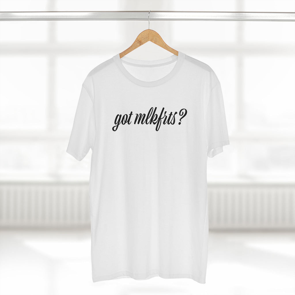 got mlkfrts? Flatus Eruptus Tee in White on a hanger, got mlkfrts? script on the front