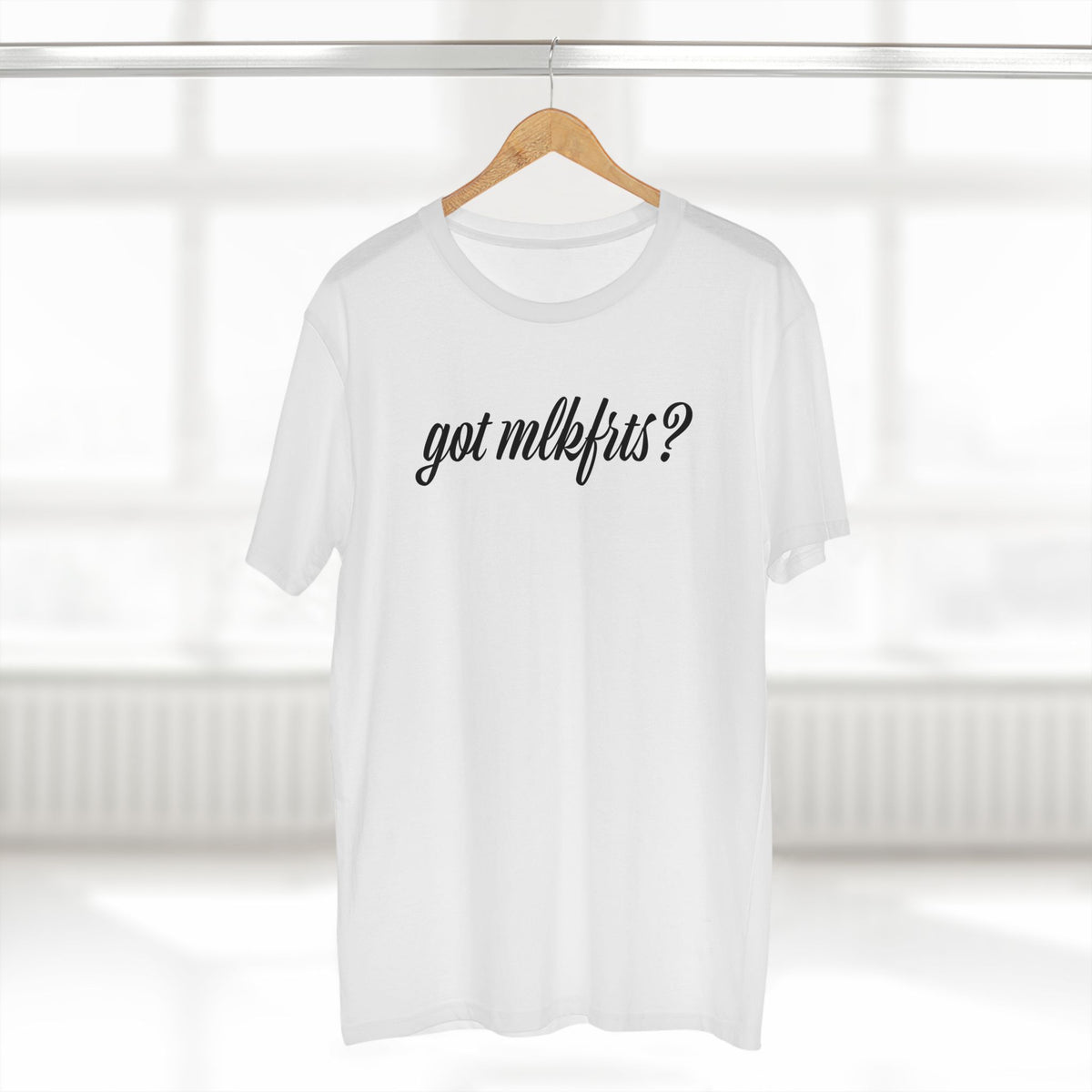 got mlkfrts? Flatus Eruptus Tee in White on a hanger, got mlkfrts? script on the front