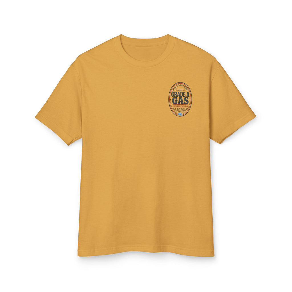 Faded Mustard garment-dyed t-shirt with a small oval "Grade A Gas" seal on the left chest, front view