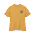Faded Mustard garment-dyed t-shirt with a small oval "Grade A Gas" seal on the left chest, front view